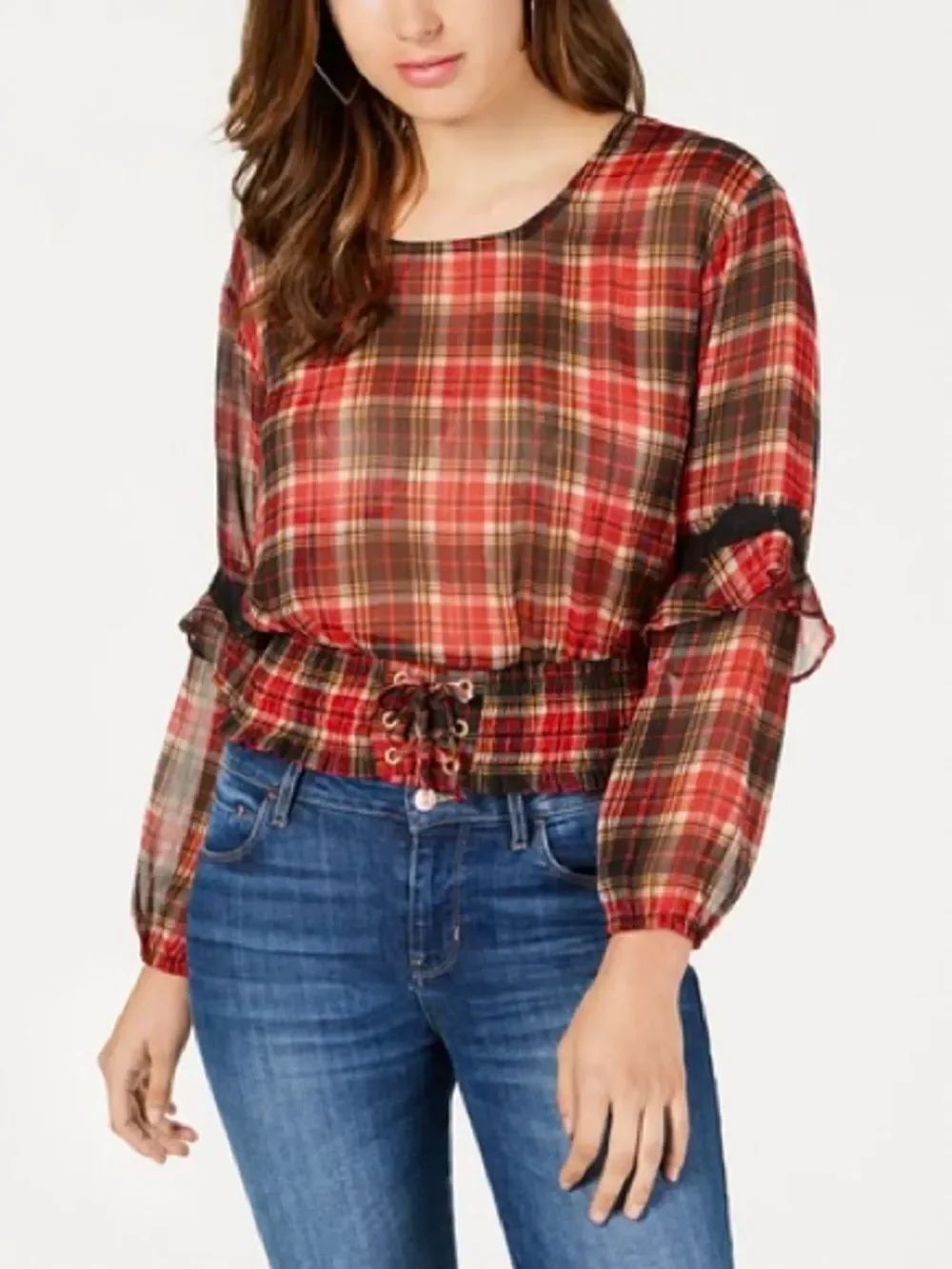 Guess Madrid Sheer Red Plaid Lace-Up Waist Ruffled Long Sleeve y2k